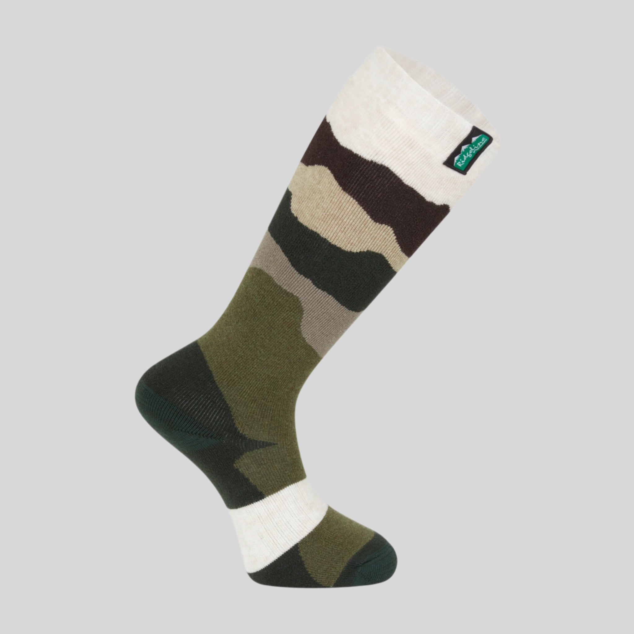 A camouflage patterned full-length merino wool sock with a visible Ridgeline Clothing brand logo.