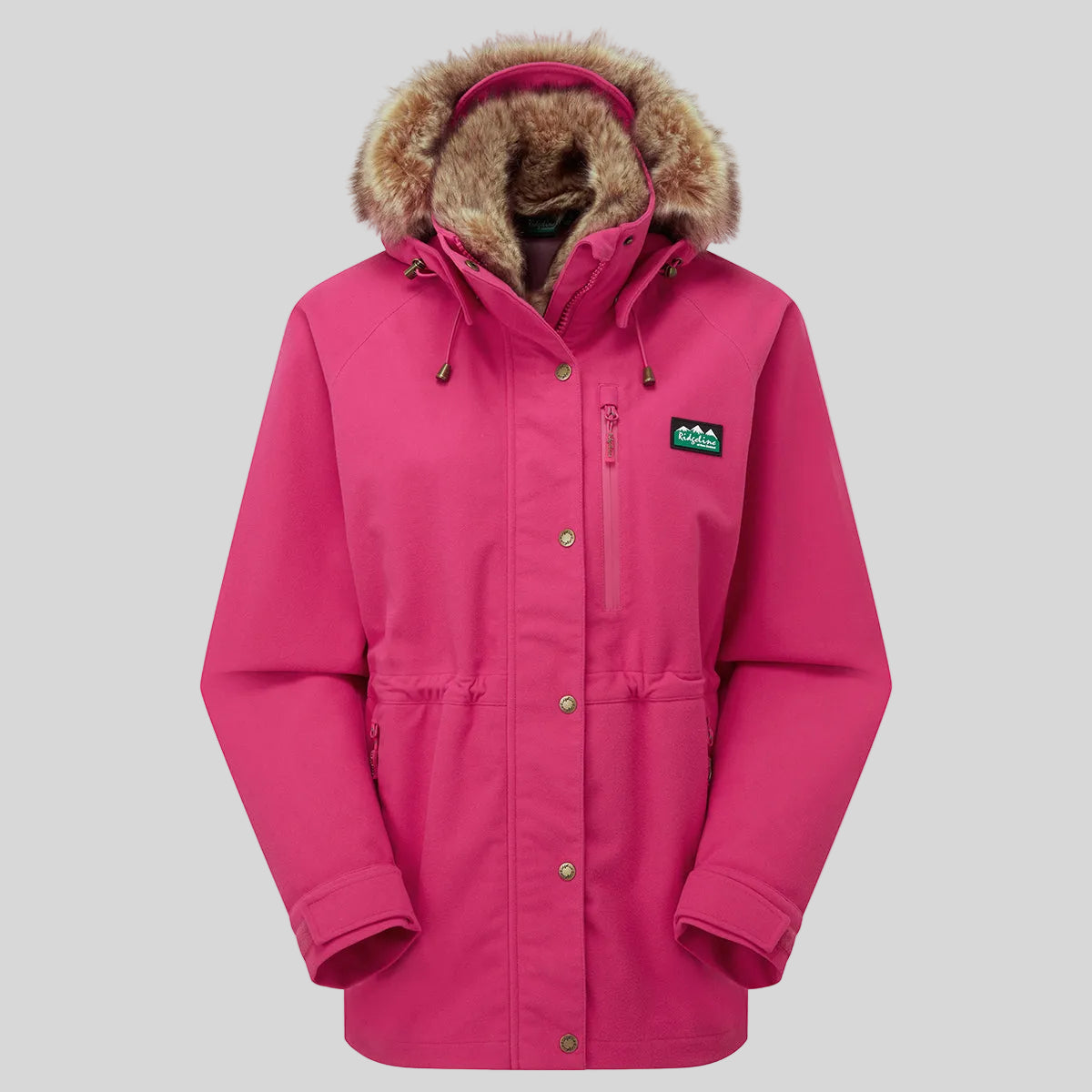 A bright pink parka jacket with a brown faux-fur trimmed hood, shown on a clean white background. The jacket features a front zipper, snap-button closure, and a small green and black logo patch on the left chest.