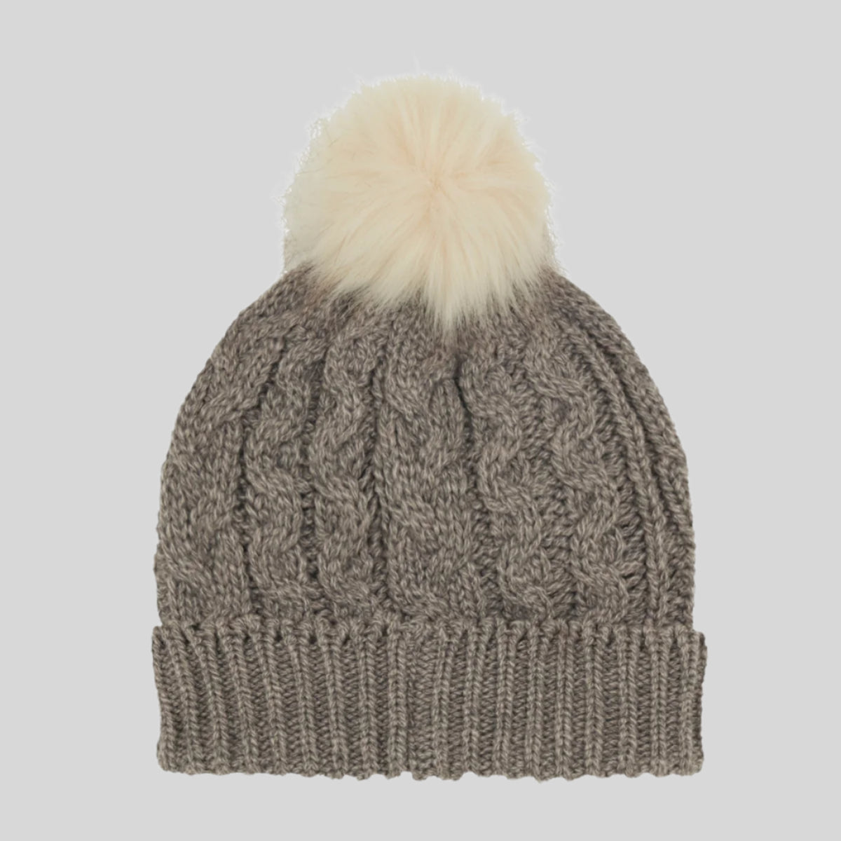 back view of a grey Nordic Fleck bobble hat with a white pom-pom on top. on a white background