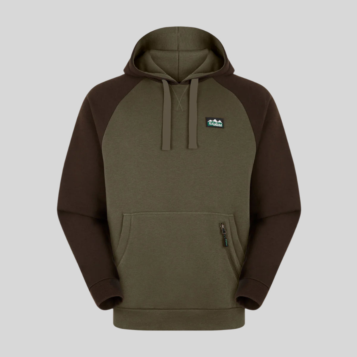 A green and brown hoodie with a kangaroo pocket and a small zipped valuables pocket, featuring a Ridgeline Clothing logo on the chest.