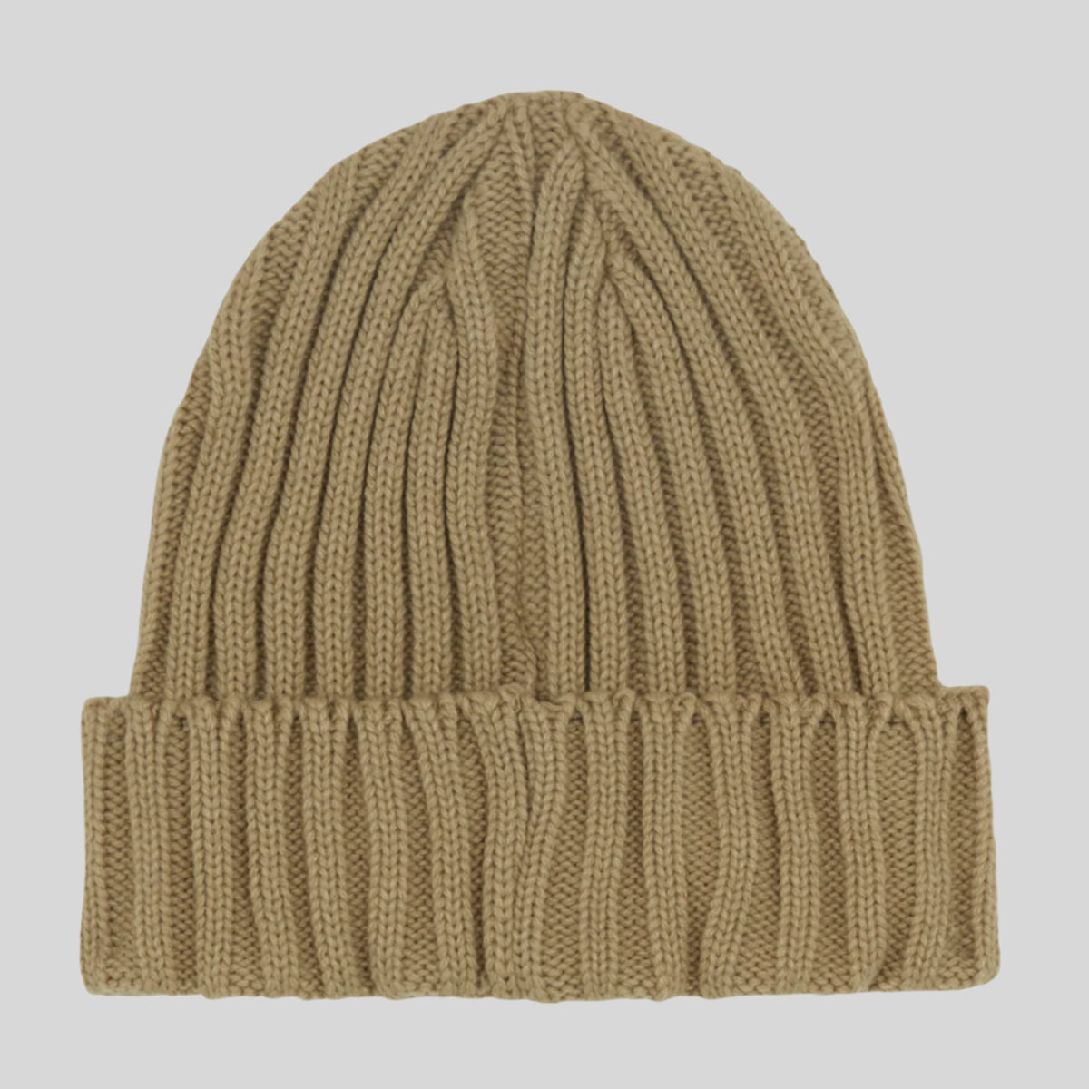Beige knit beanie on a white background