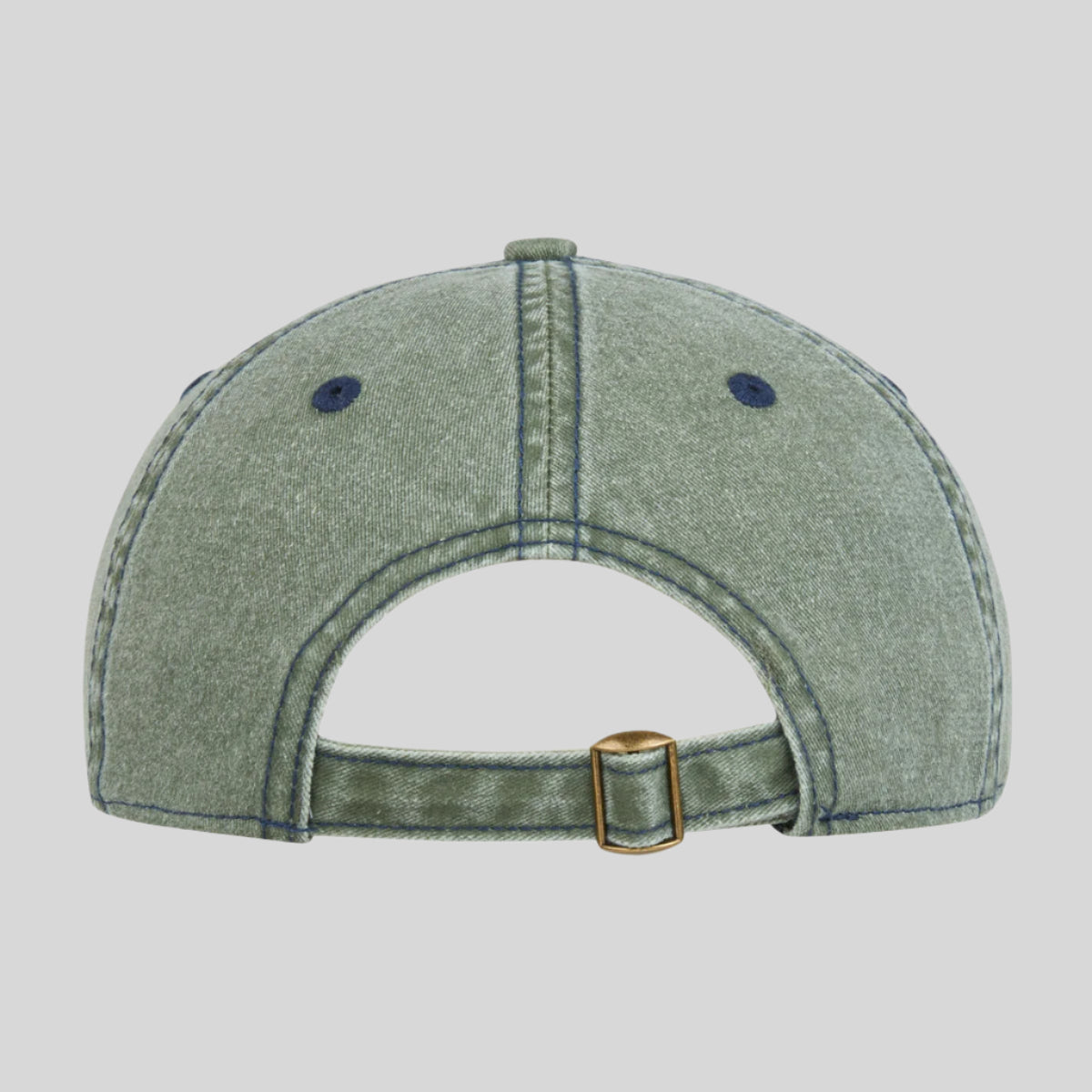 Back view of a light green denim cap with a brown buckle on a white background