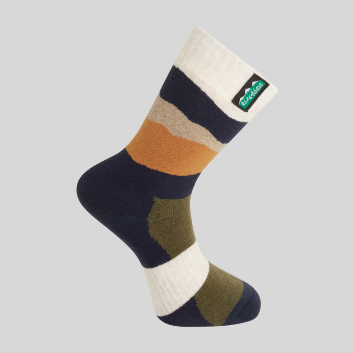 Colourful striped sock with a Ridgeline Clothing brand logo on a white background