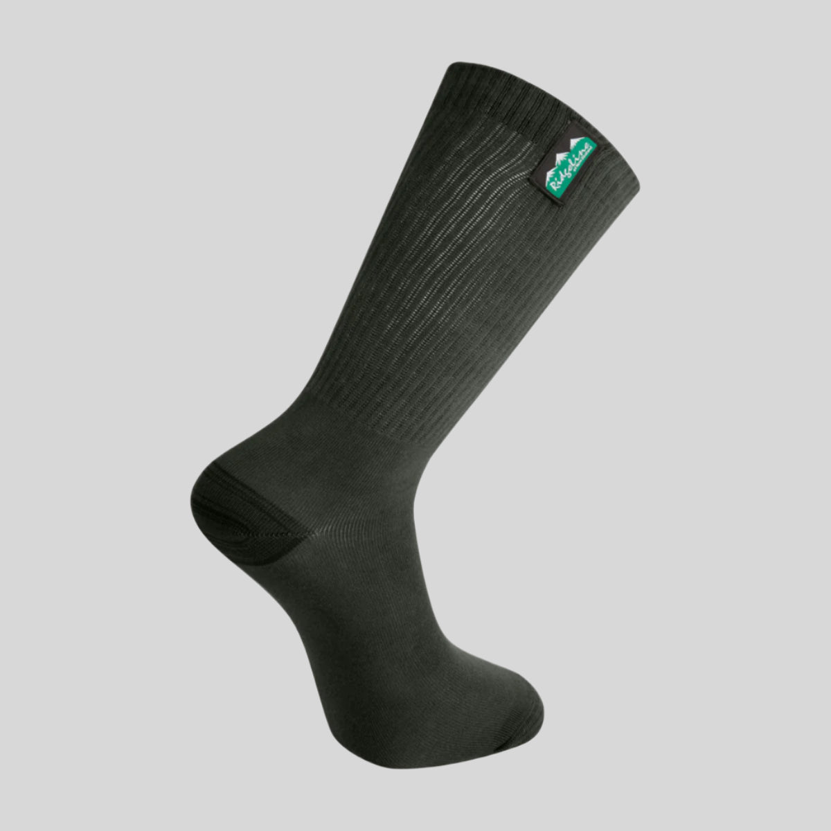 olive sock with a brand logo on a white background