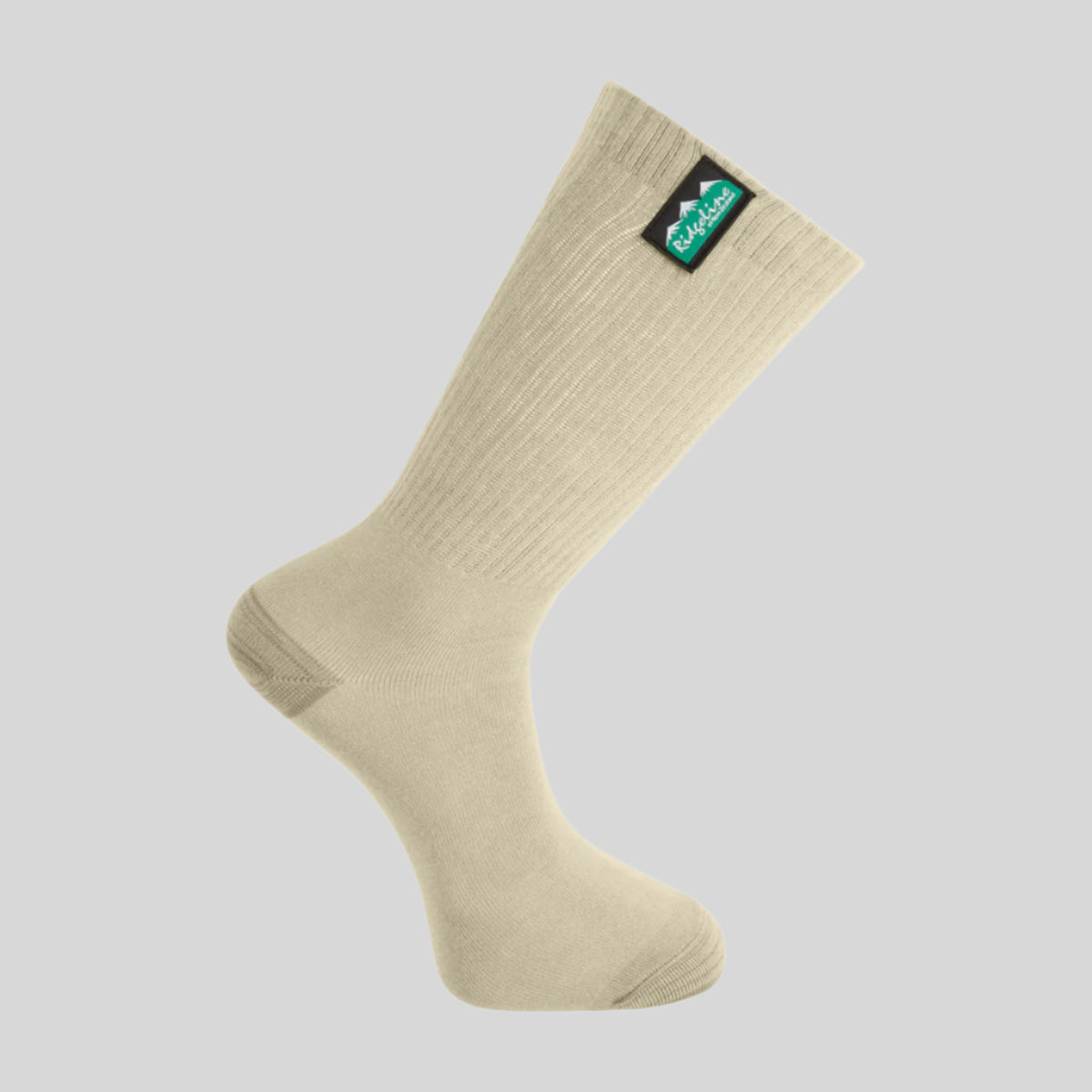 Beige sock with a brand logo on a white background