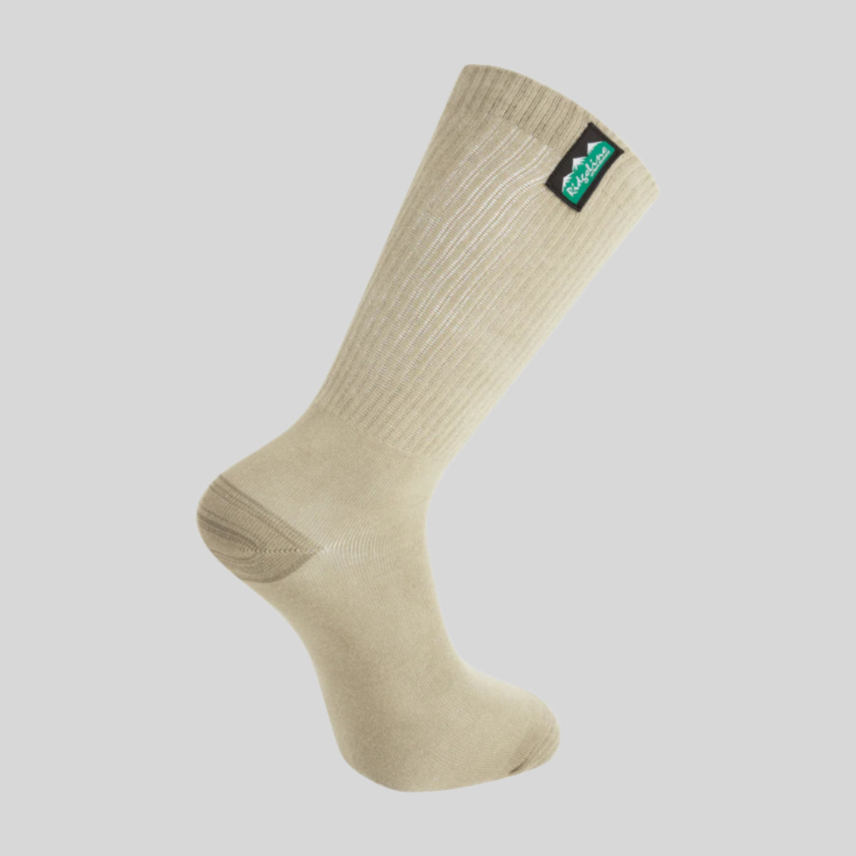 Beige sock with a brand logo on a white background