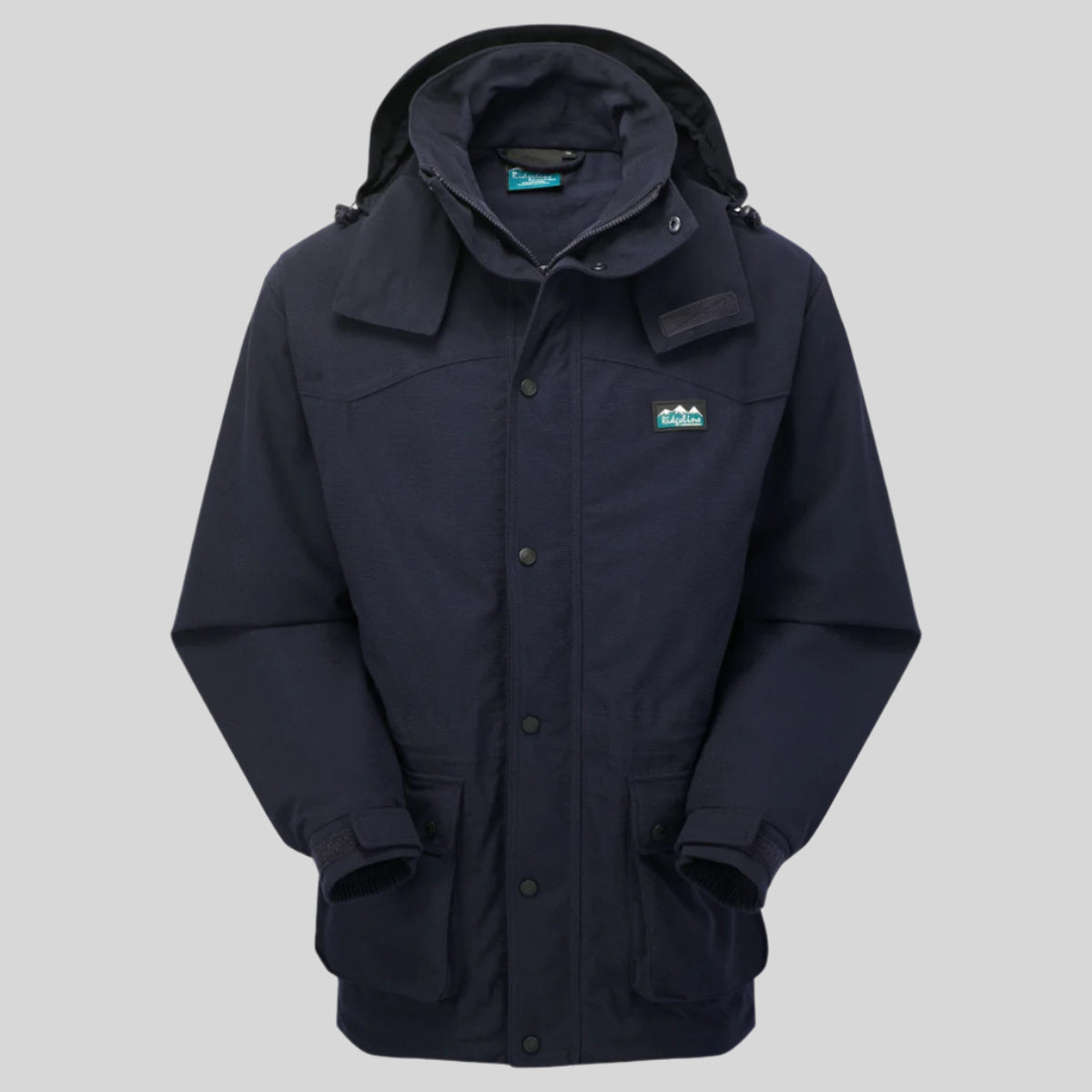 A navy-coloured Ridgeline Torrent III Jacket with a detachable hood, zip front, and multiple pockets. on a white background