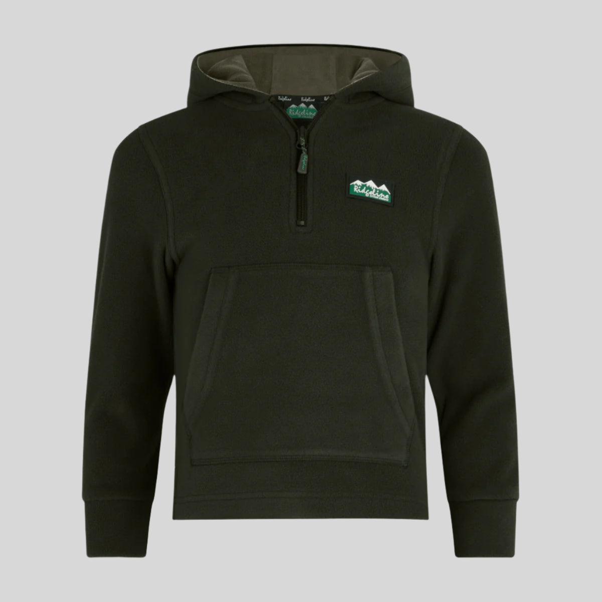 Green hoodie with a Ridgeline Clothing logo on the chest against a white background