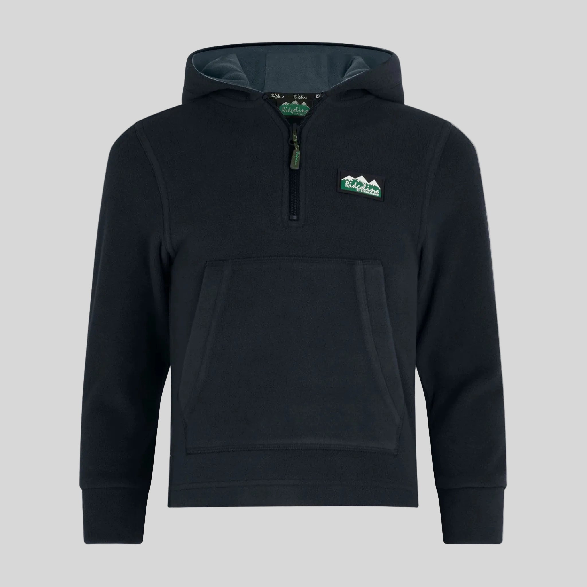 Navy hooded fleece pullover with quarter zip neckline, front kangaroo pocket, and small chest logo, front view.