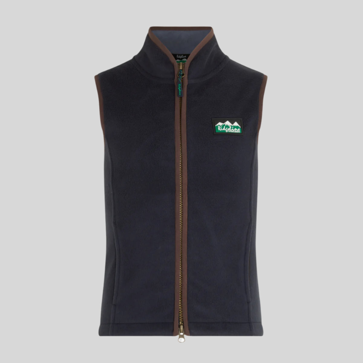 Navy Fleece Gilet Vest with a Ridgeline logo on a white background