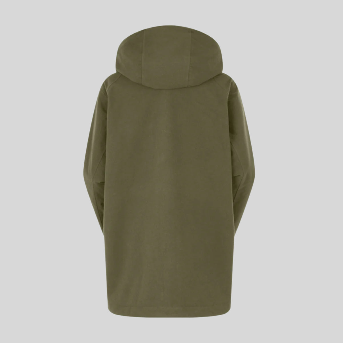 Back view of green hooded jacket on a white background