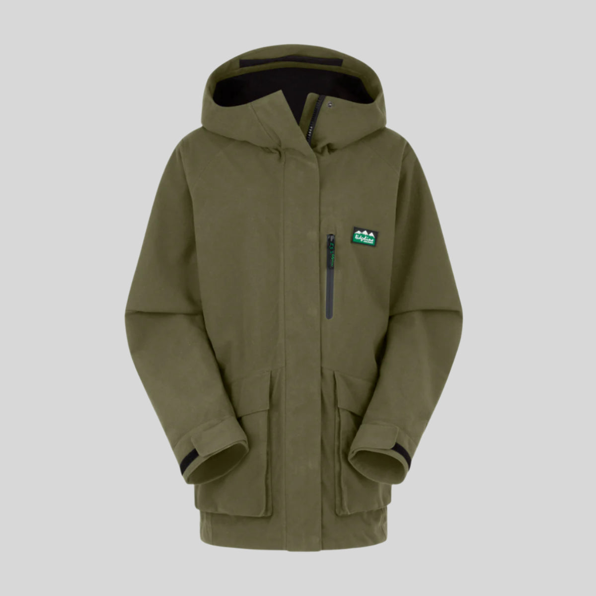 Green waterproof jacket with a Ridgeline Clothing brand logo on a white background