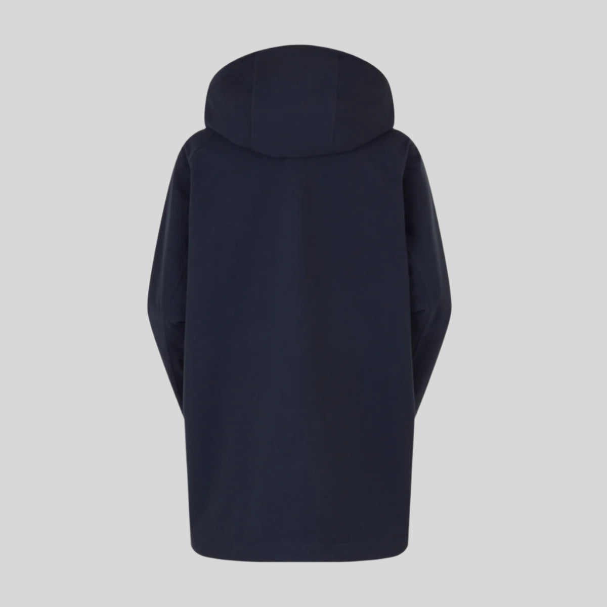 Back view of navy blue hooded jacket on a white background