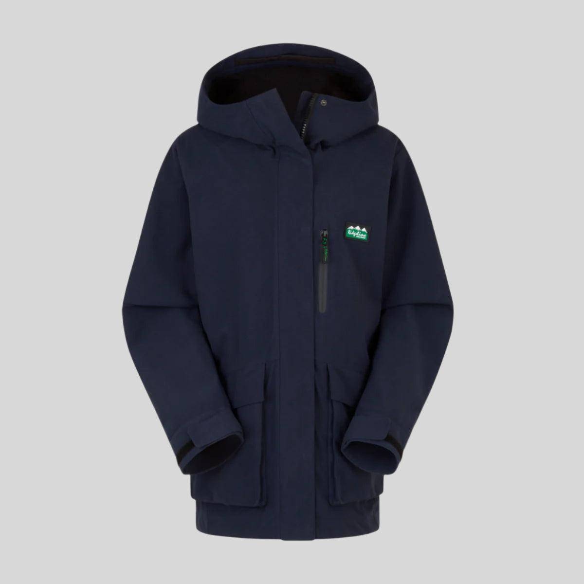 Navy blue waterproof jacket with a Ridgeline Clothing brand logo on a white background