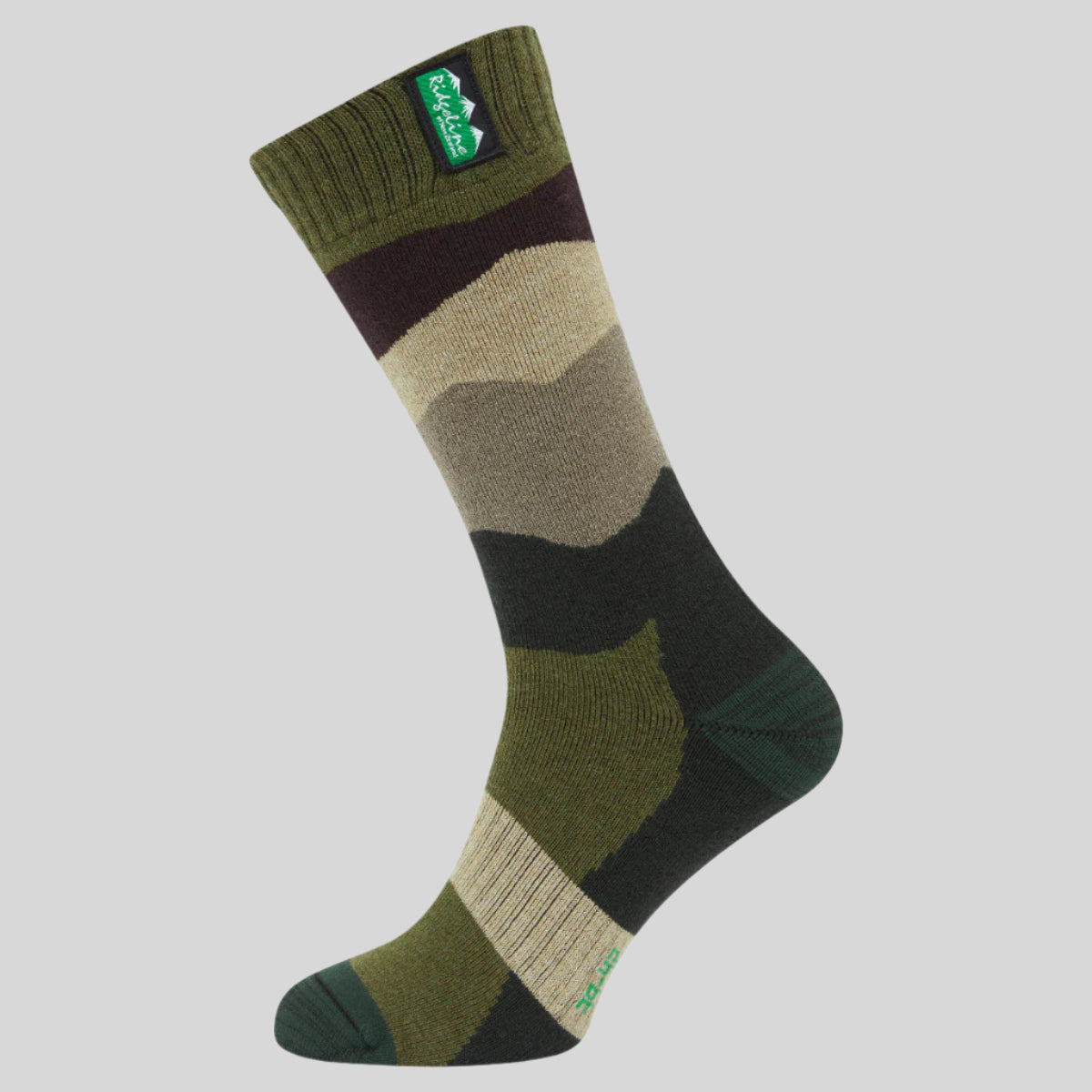 Camouflage-patterned sock with a Ridgeline Clothing brand logo on a white background