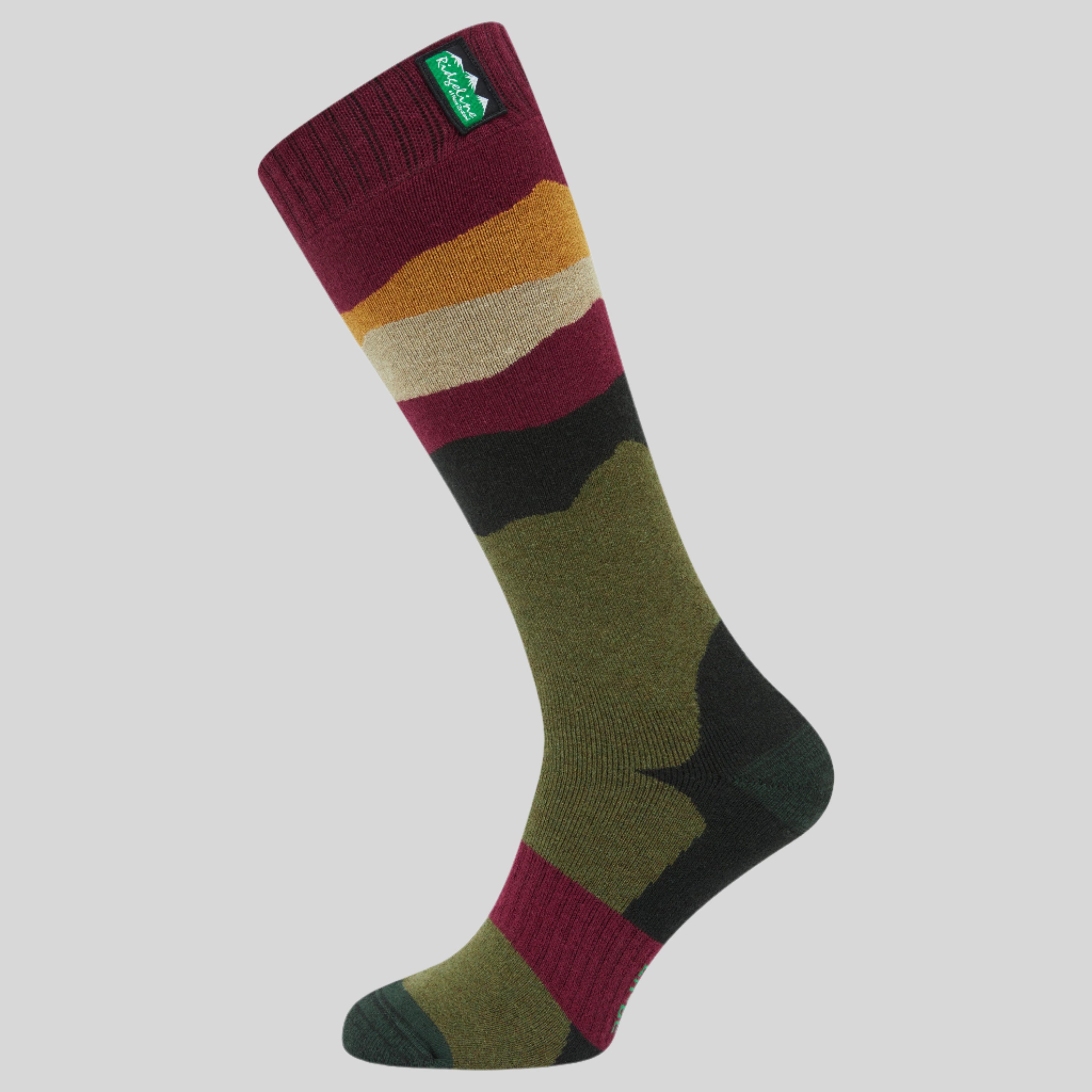 Multicolored sock with striped pattern on a white background