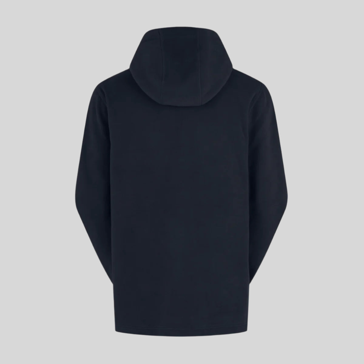back view of a navy hoodie on a white background