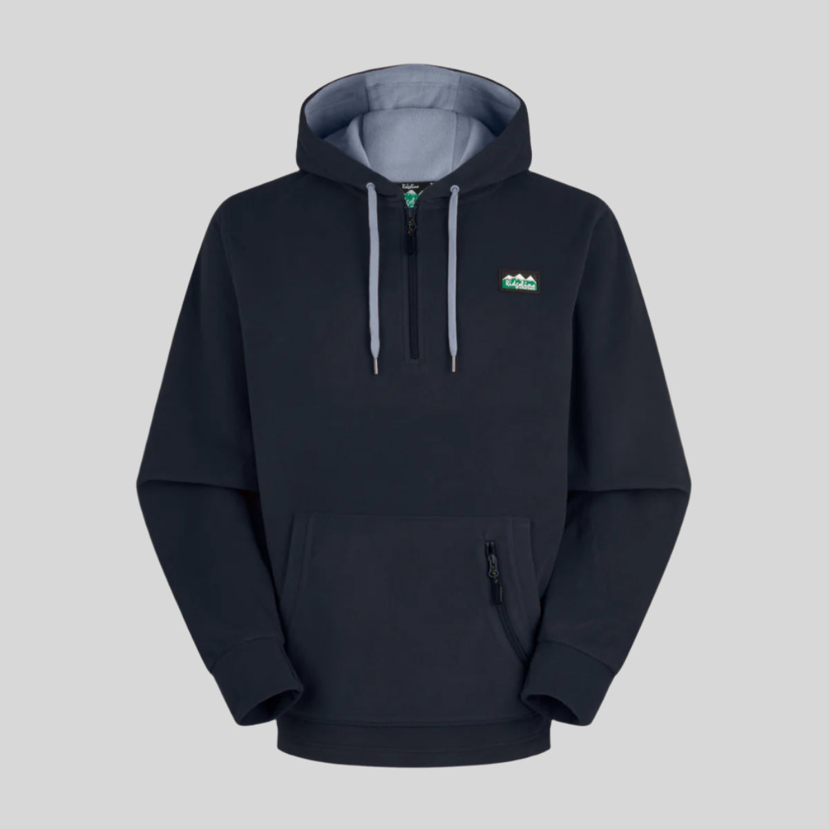 Navy hoodie with a Ridgeline clothing logo on a white background. Showing Kangaroo pockets with a zip