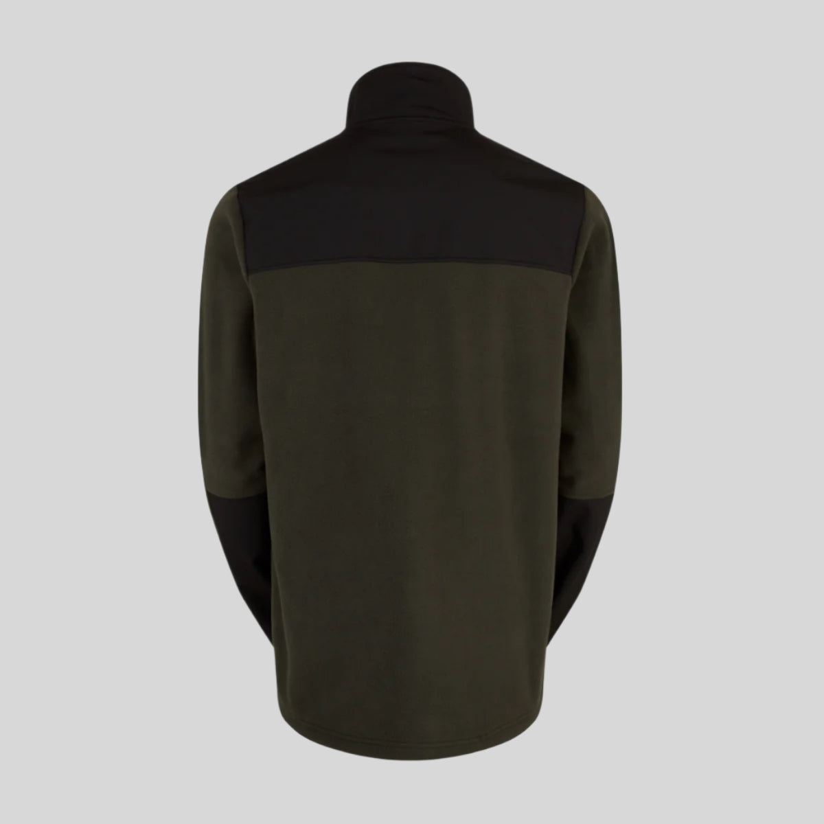 back view of black and green windproof fleece jacket on a white background