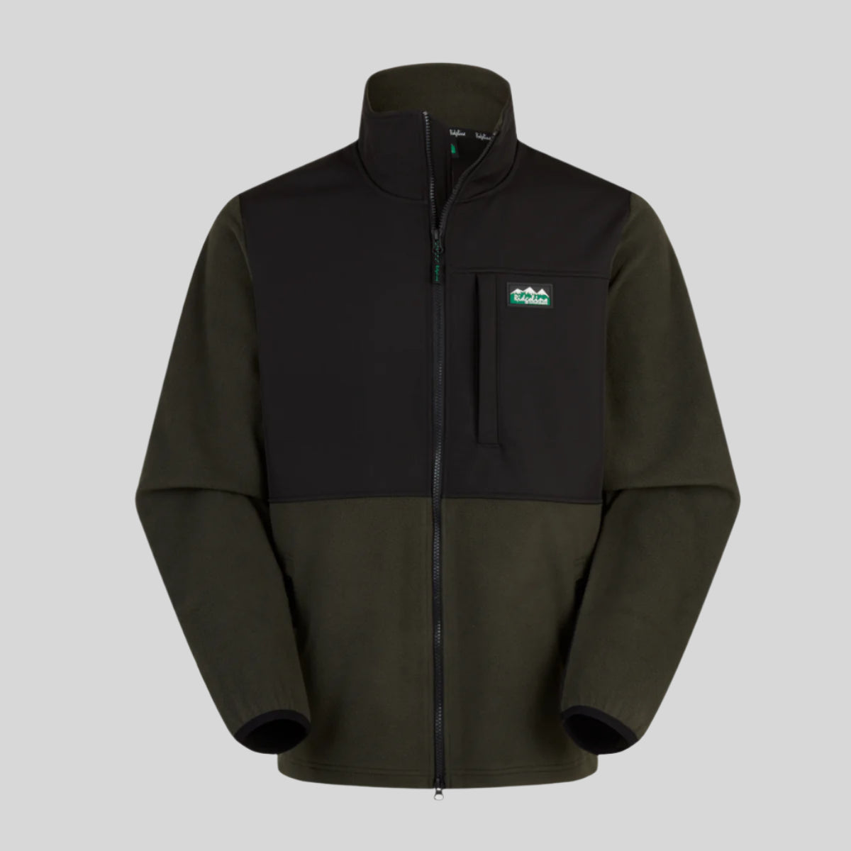 Two-tone black and green Windproof fleece jacket with a Ridgeline Clothing logo on a white background