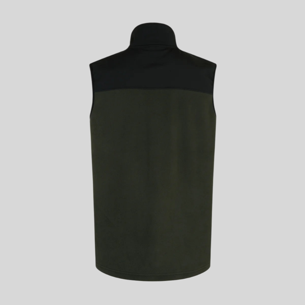 back view of black and green two-tone windproof fleece vest on a white background