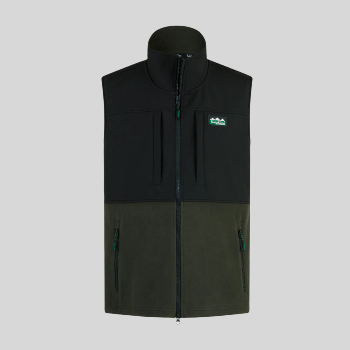 Two-tone black and green windproof fleece gilet with a logo on a white background