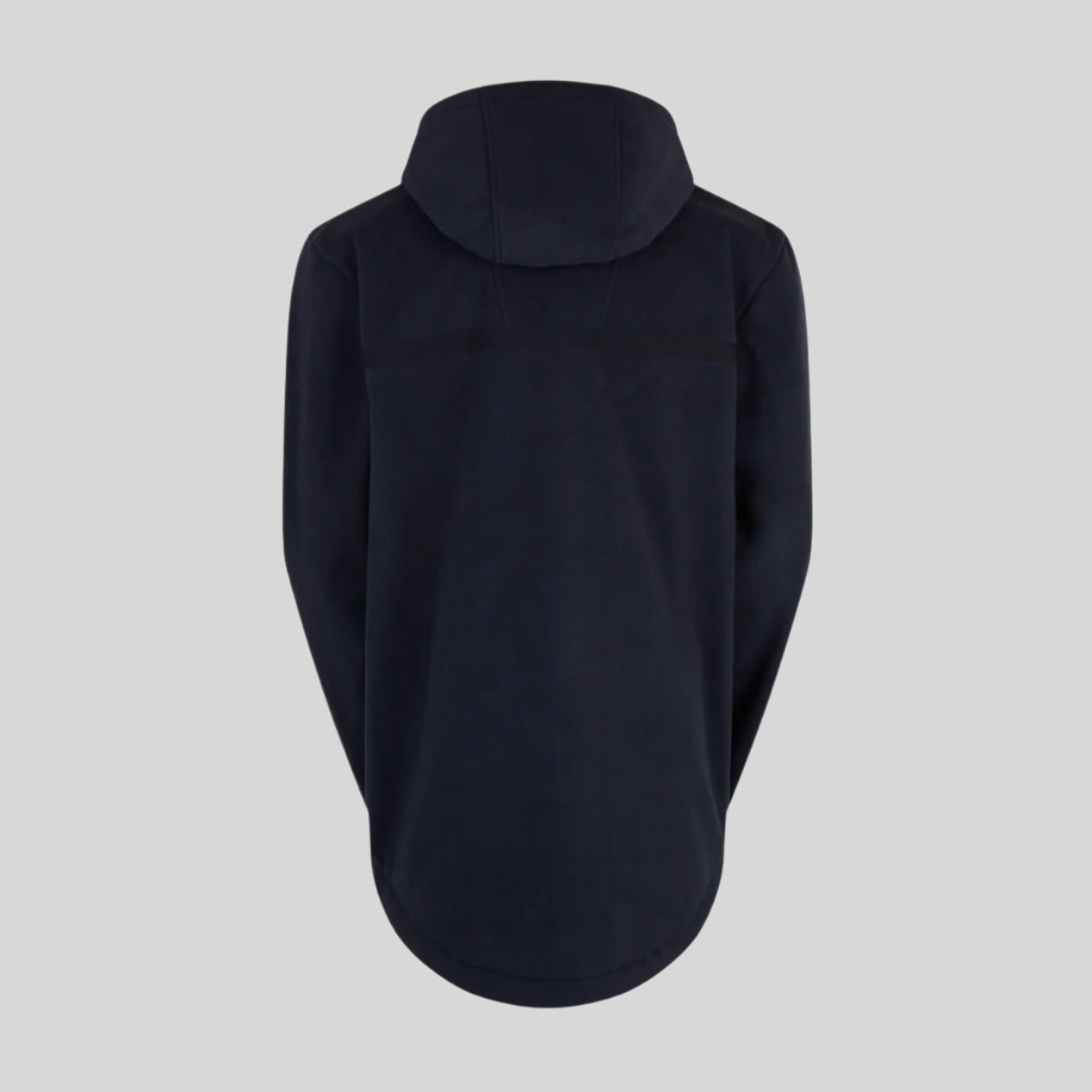 back view of navy hooded jacket on a white background