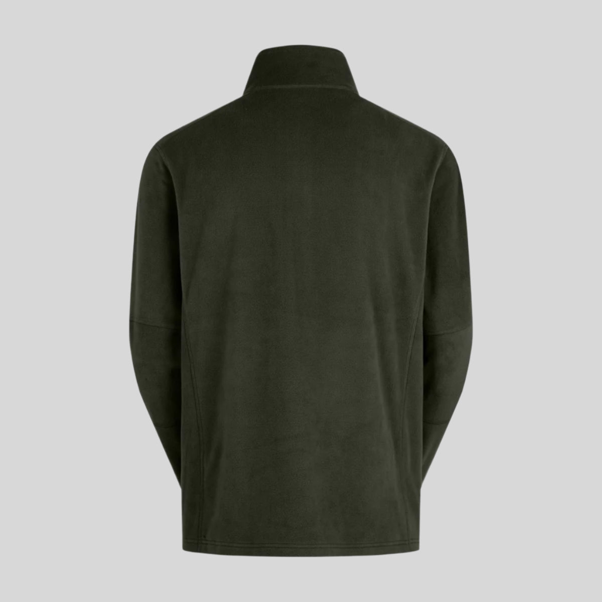 Backshot of a green fleece pullover on a white background