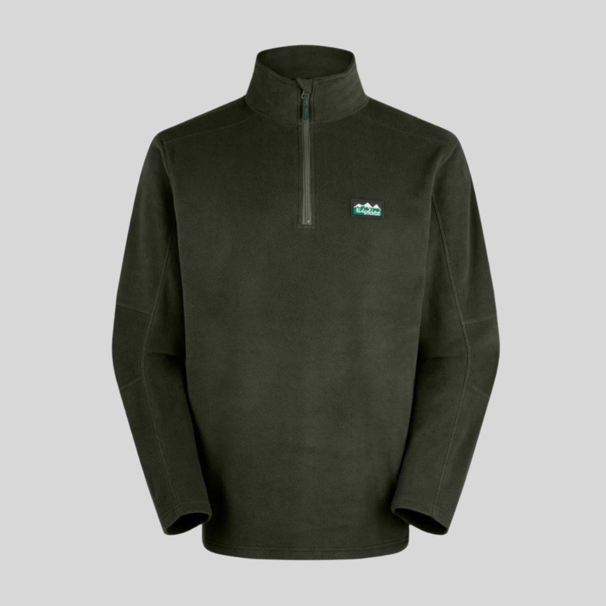 A green fleece pullover with a quarter zipper and a Ridgeline Clothing logo on the chest.