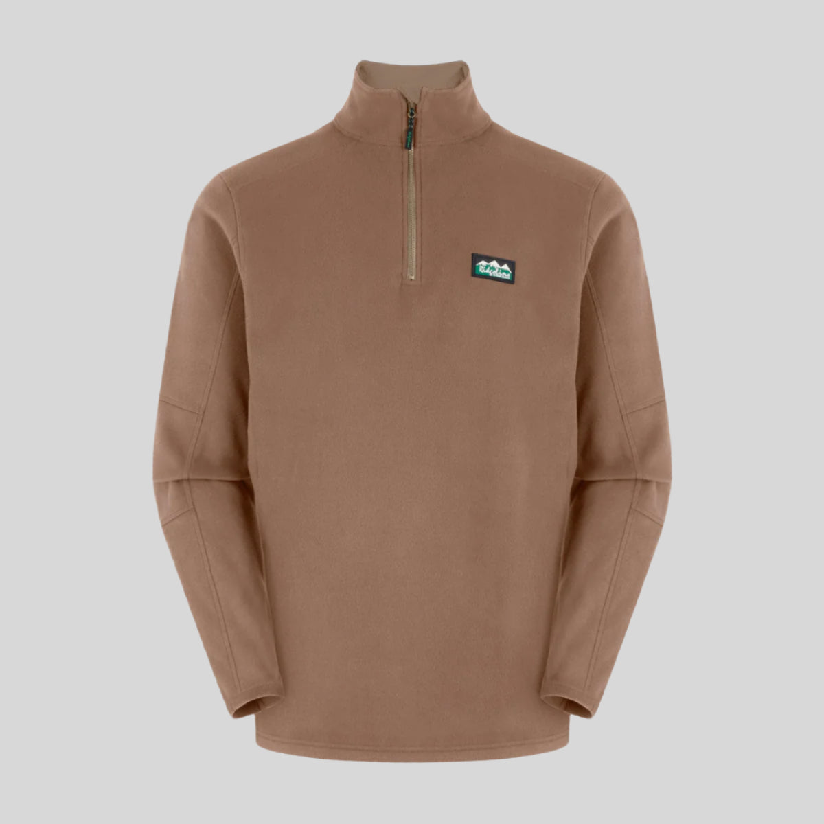 A Brown fleece pullover with a quarter zipper and a Ridgeline Clothing logo on the chest.