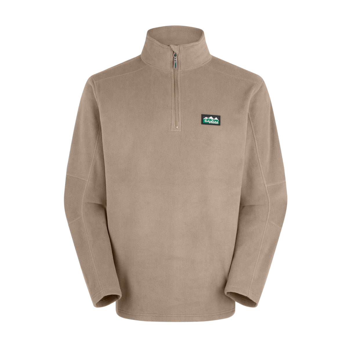 Beige fleece pullover with a Ridgeline Clothing logo on the chest against a white background