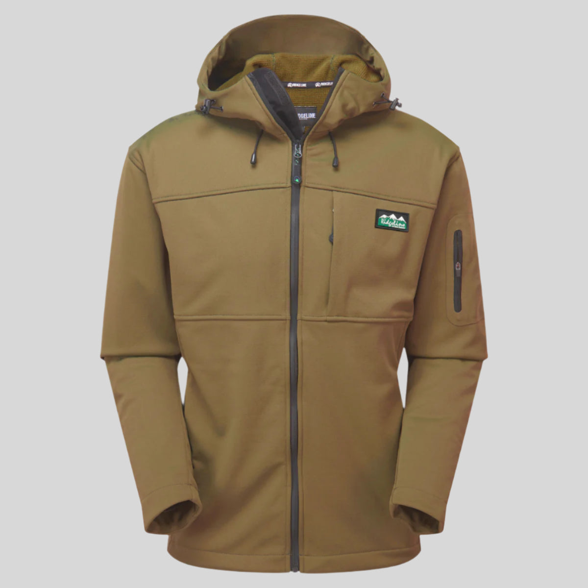 A full-length front view of a brown gradient jacket with a hood, featuring a full-length front zip, two large zipped hand pockets, and a zipped, external chest pocket. on a white background