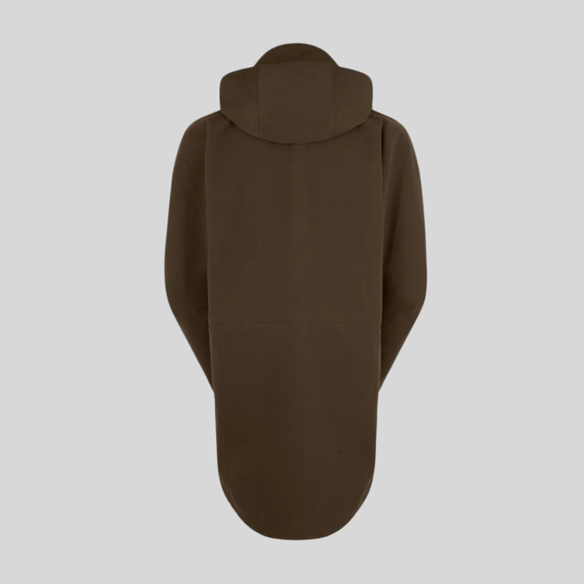 back view of Brown waterproof jacket with a hood on a white background
