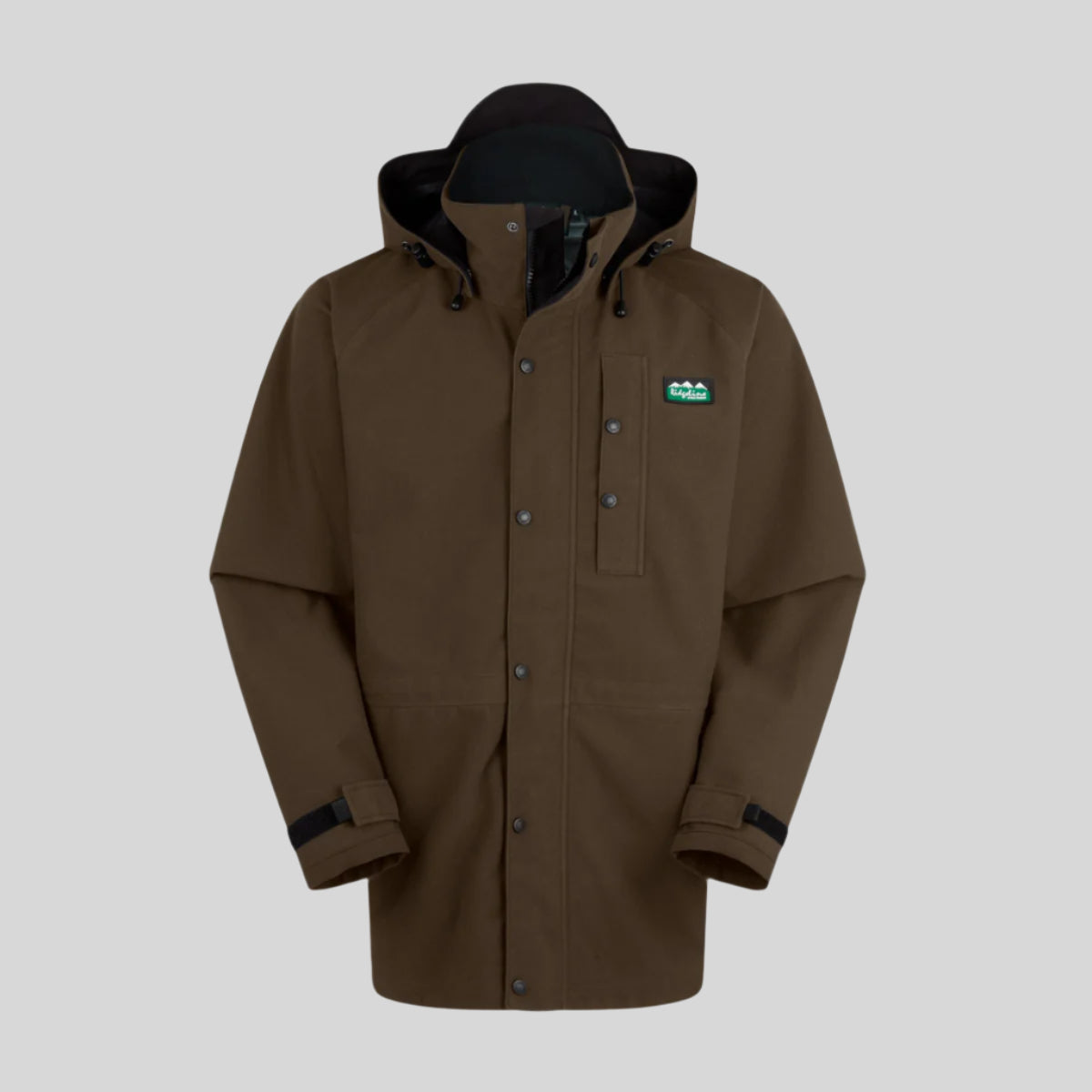 Brown waterproof jacket with a Ridgeline Clothing brand logo on a white background