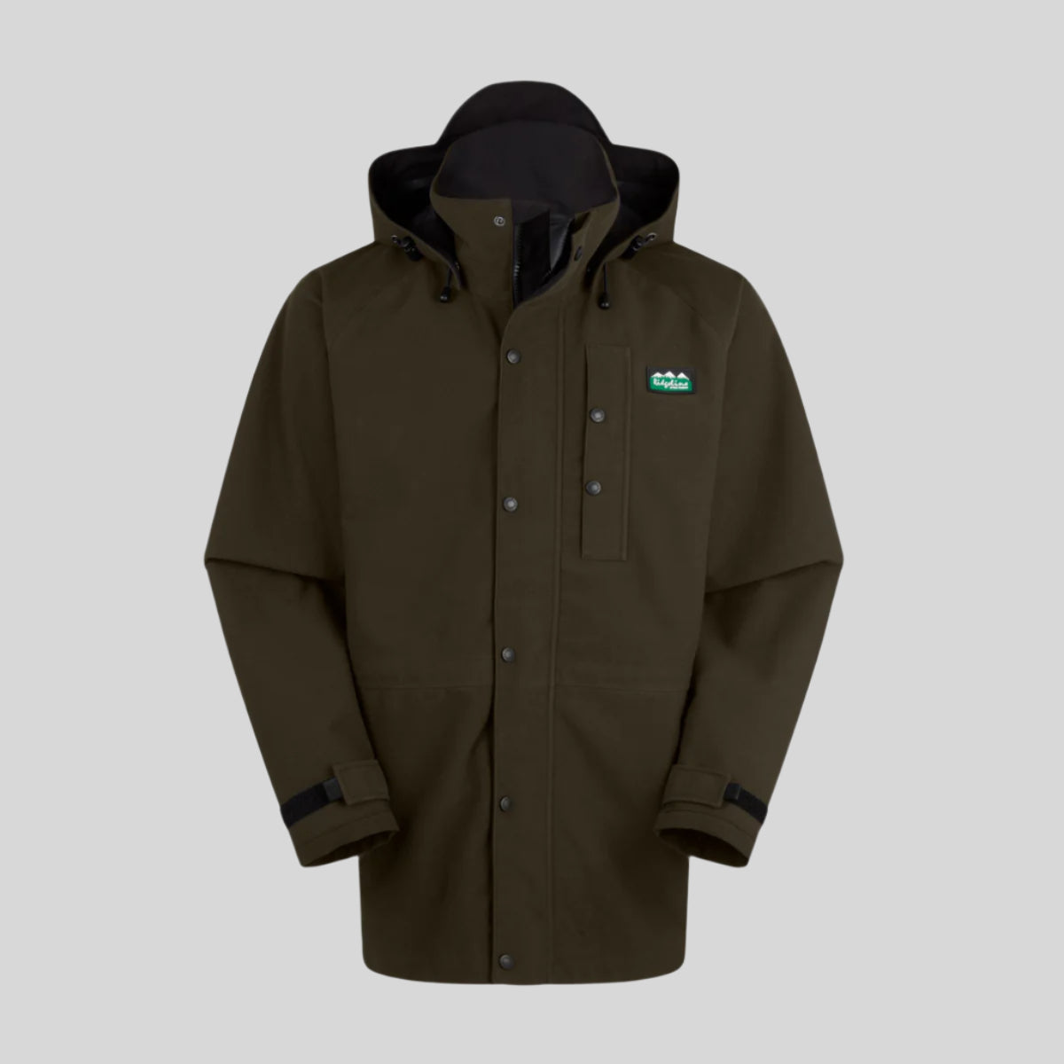 Green waterproof jacket with a Ridgeline Clothing brand logo on a white background