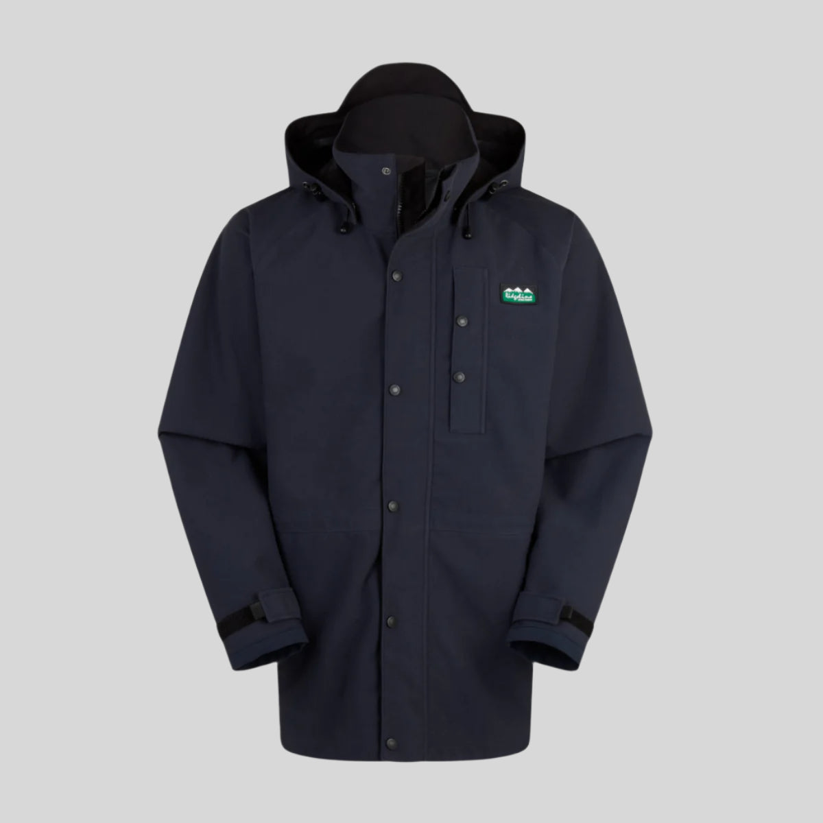 Navy blue waterproof jacket with a Ridgeline Clothing brand logo on a white background