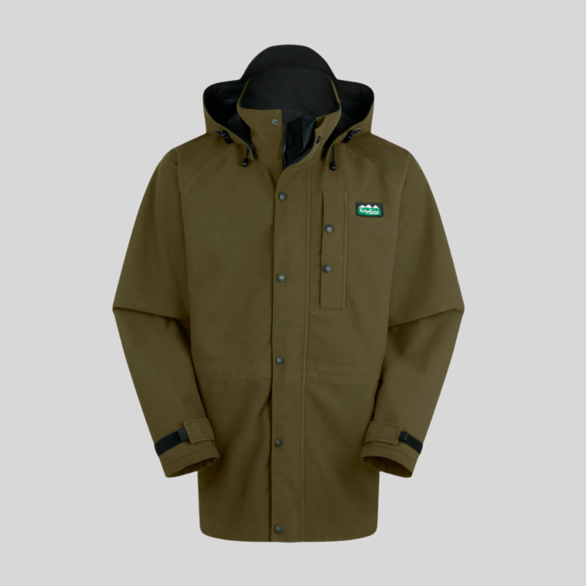 Brown waterproof jacket with black accents on a white background