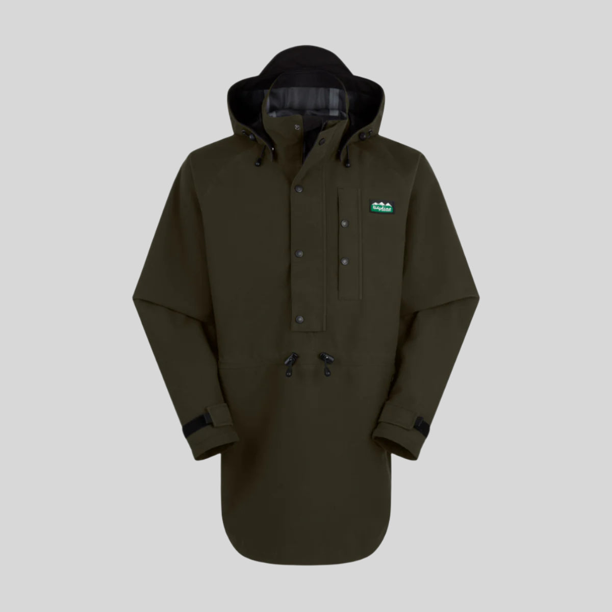 Green waterproof jacket with a Ridgeline Clothing brand logo on a white background