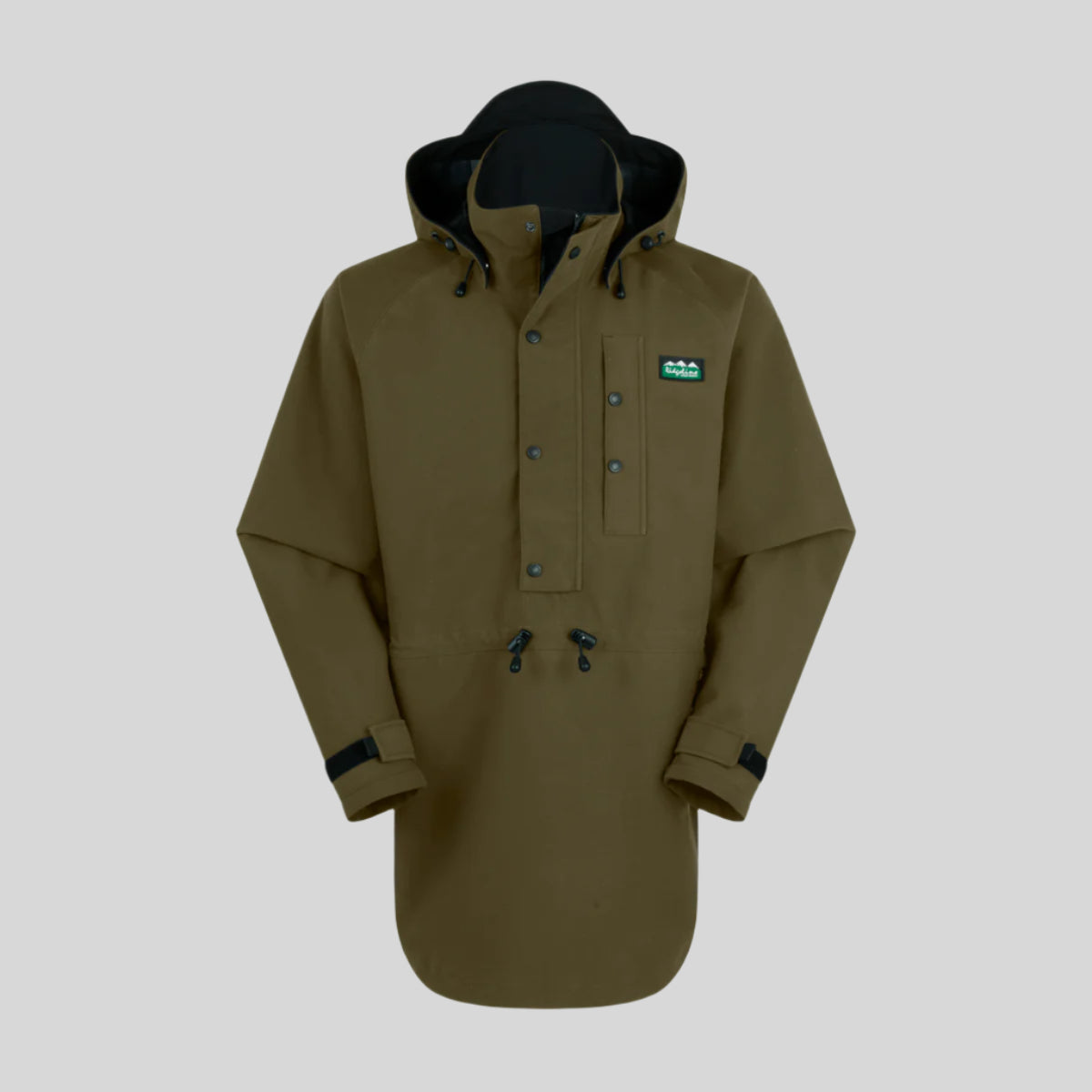Brown waterproof jacket with black accents on a white background