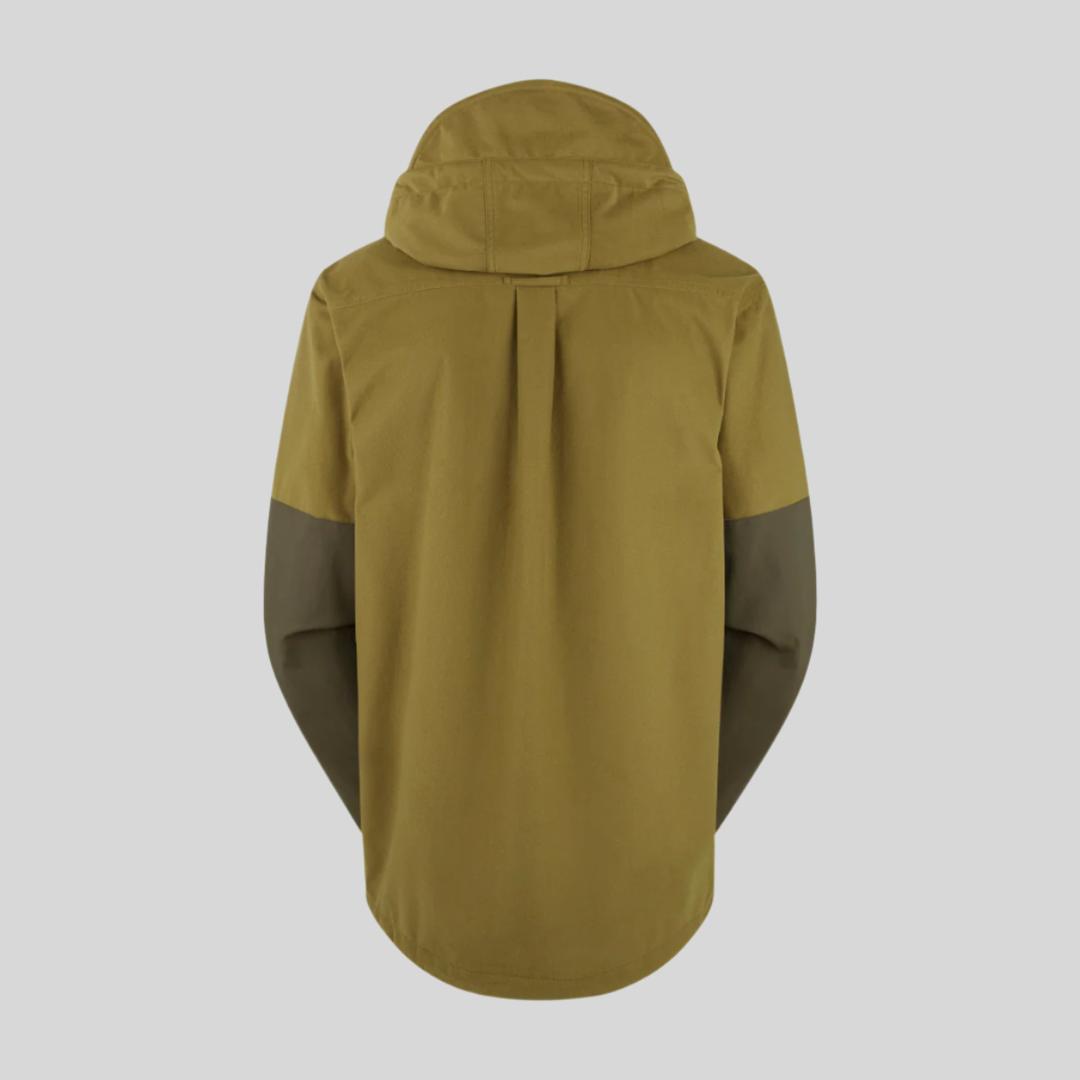 Back view of brown jacket with hood. On white background