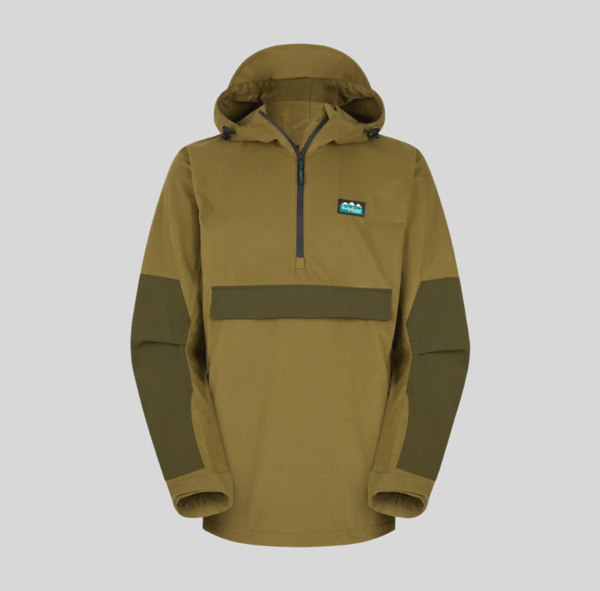 A brown waterproof smock with a hood, featuring zip pockets and adjustable cuffs. On a white background