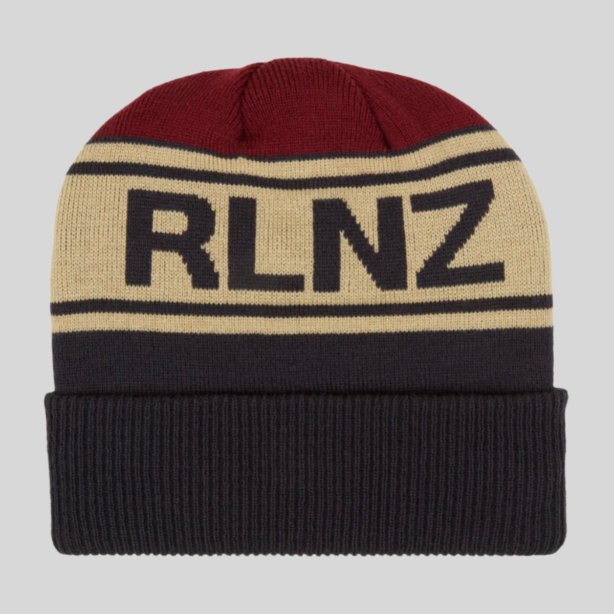 Knitted beanie with 'RLNZ' branding on a white background