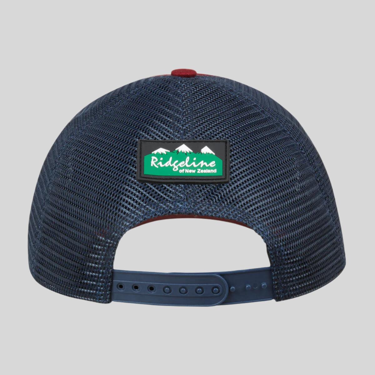 Navy blue mesh cap with a logo on the back against a white background