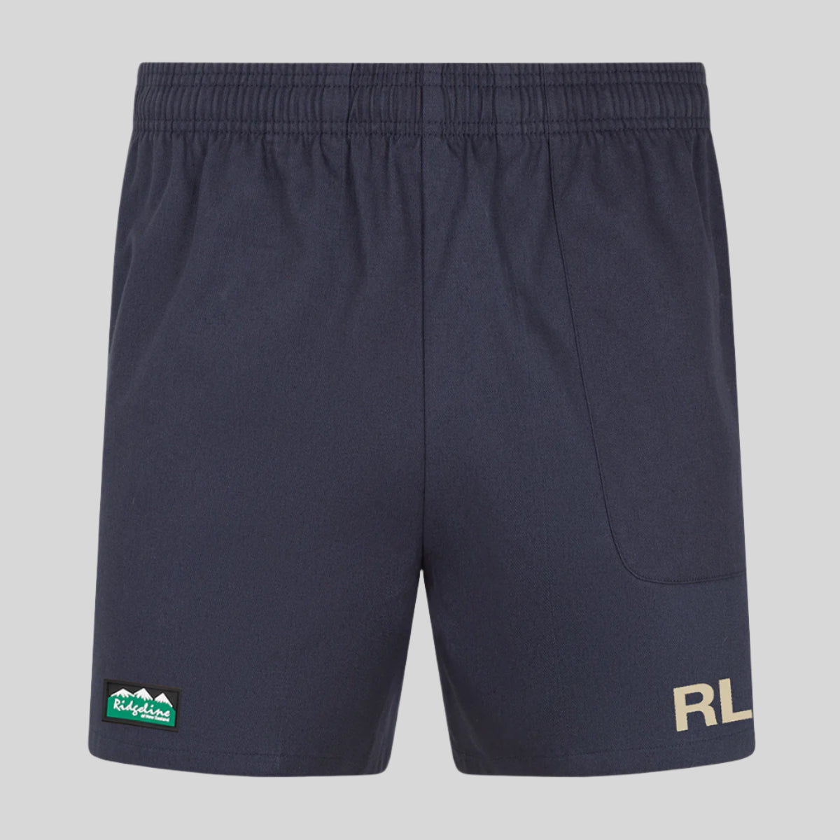 Navy shorts with a logo on a white background