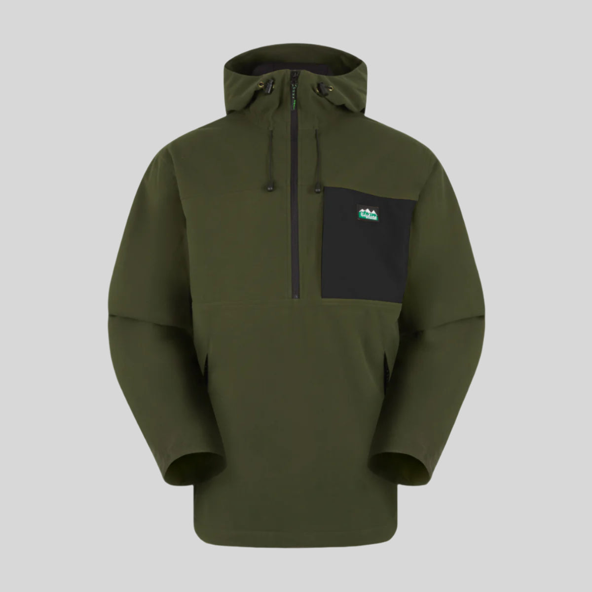 Green waterproof smock with black chest patch Ridgeline Clothing Logo. On a white background