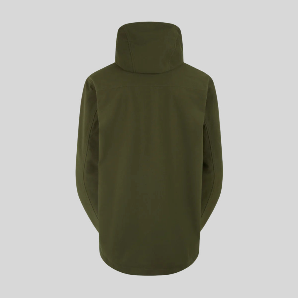 back view of green waterproof smock with black chest patch Ridgeline Clothing Logo. on white background