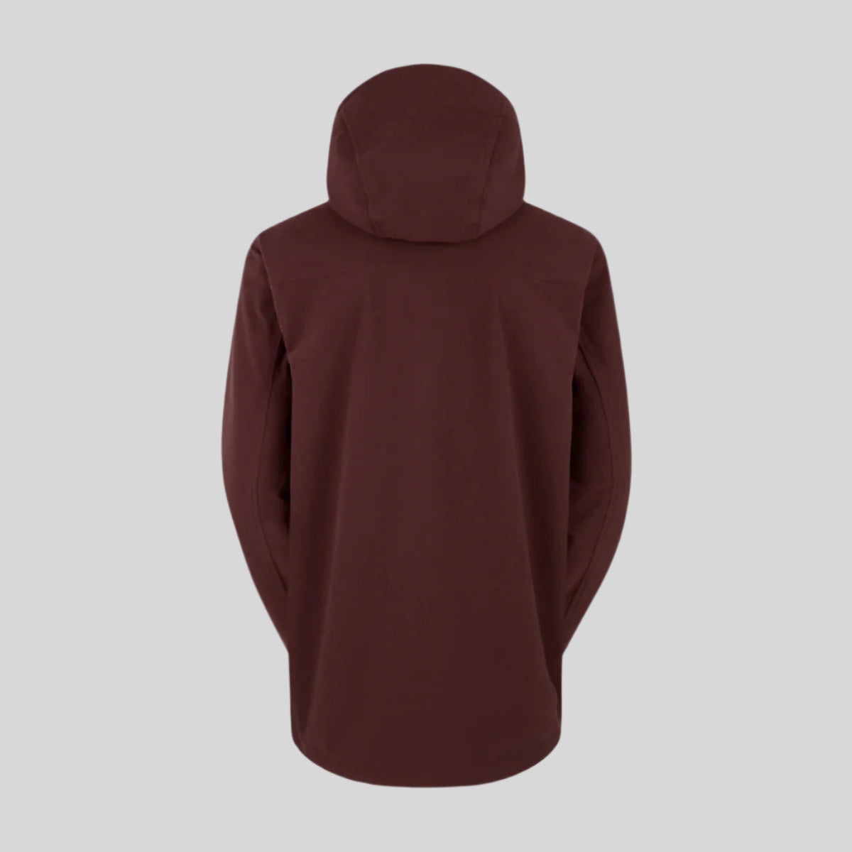 back view of red waterproof hooded jacket with a black pocket on a white background
