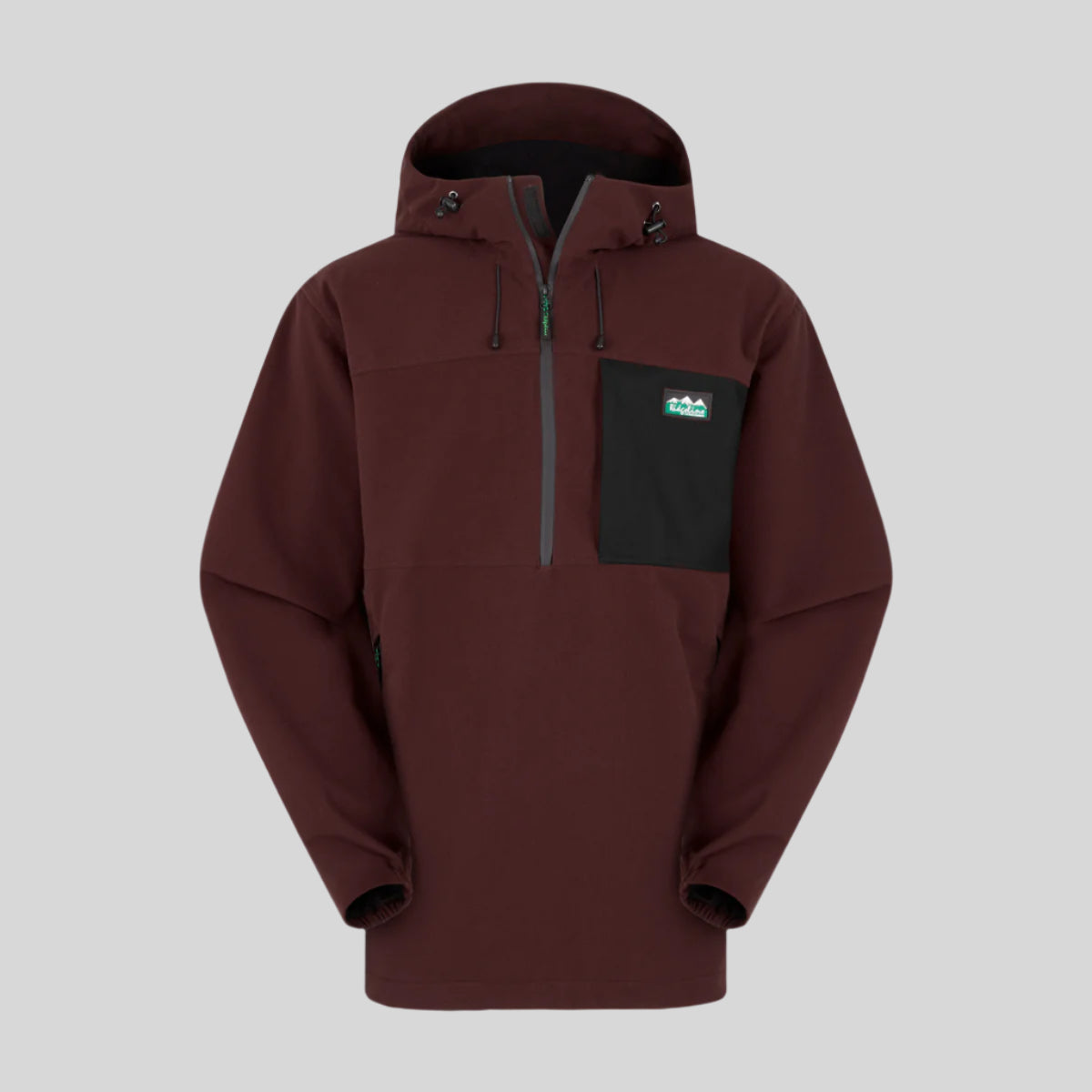 Red waterproof hooded jacket with a black pocket on a white background