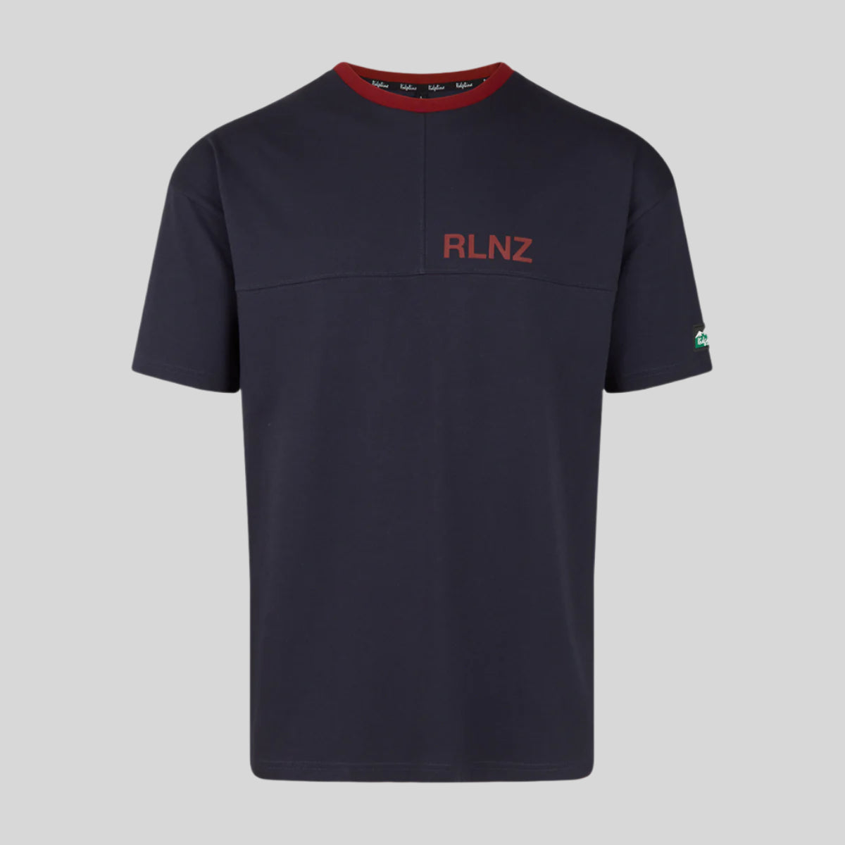 Navy t-shirt with red collar and 'RLNZ' logo on a white background