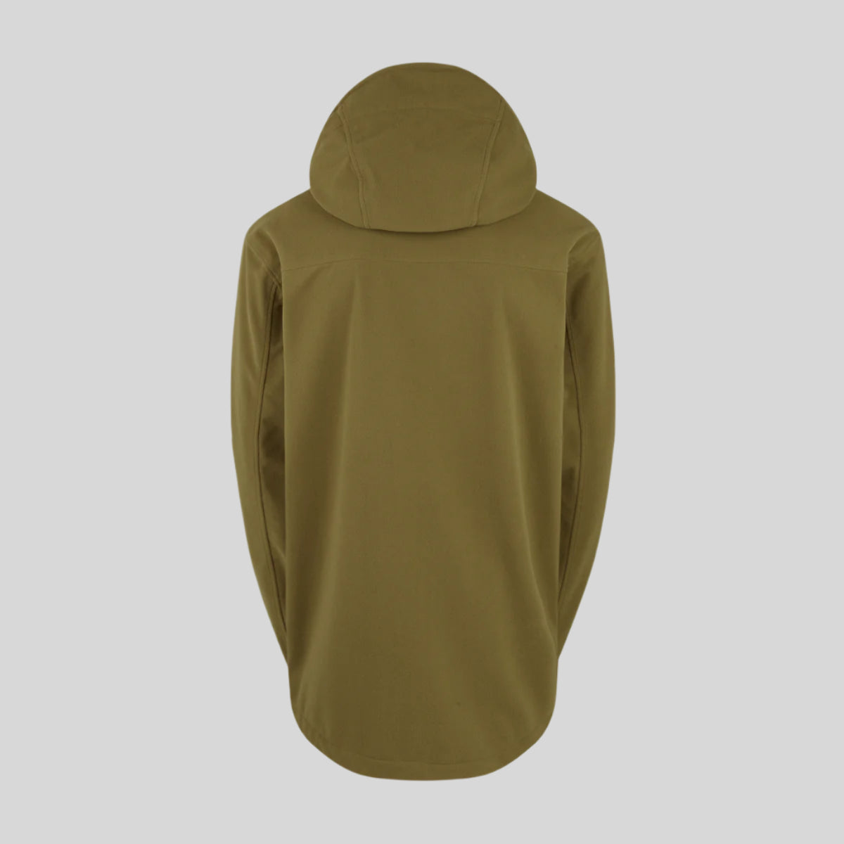back view of a A green Tempest waterproof jacket with a hood, featuring a chest pocket, hand pockets, and twin adjustable hem drawcords. on a white background